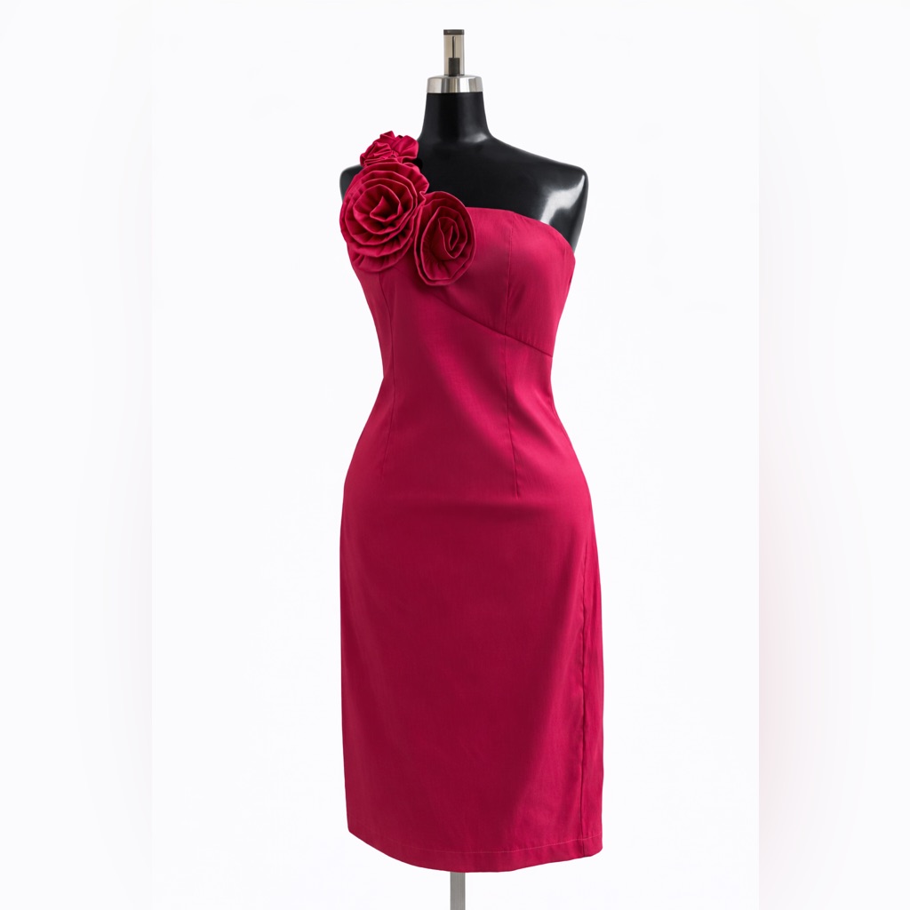 Fuchsia One-Shoulder Floral Cocktail Dress Statement Roses - Size 0-2